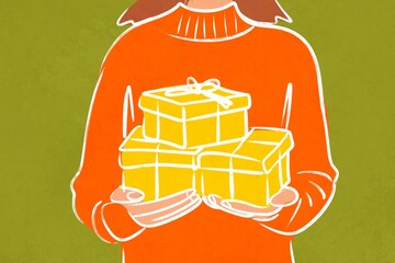 Illustrated celebration with a person holding gift boxes