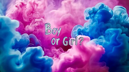 Vibrant pink and blue smoke surrounds the question "Boy or Girl?" presenting a mysterious yet festive mood, depicting a gender reveal event.
