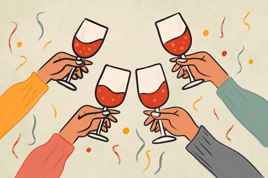 Illustrated celebration with clinking wine glasses and confetti