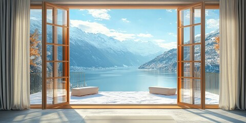orange and ivory luxury open window in winter with beige wooden balcony, lake and mountain snow view 