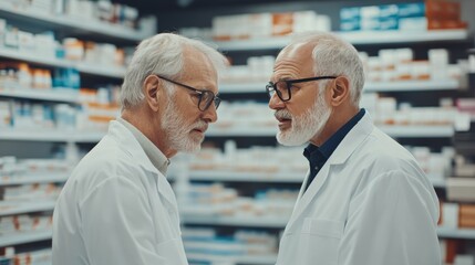 Obraz premium Two pharmacists discussing medication options in a modern pharmacy during the day