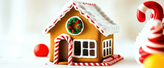A small gingerbread house with a candy cane fence, icing details, and a holly wreath on the door. The house is on a white surface with a blurry, out-of-focus background of warm, yellow lights, likely 