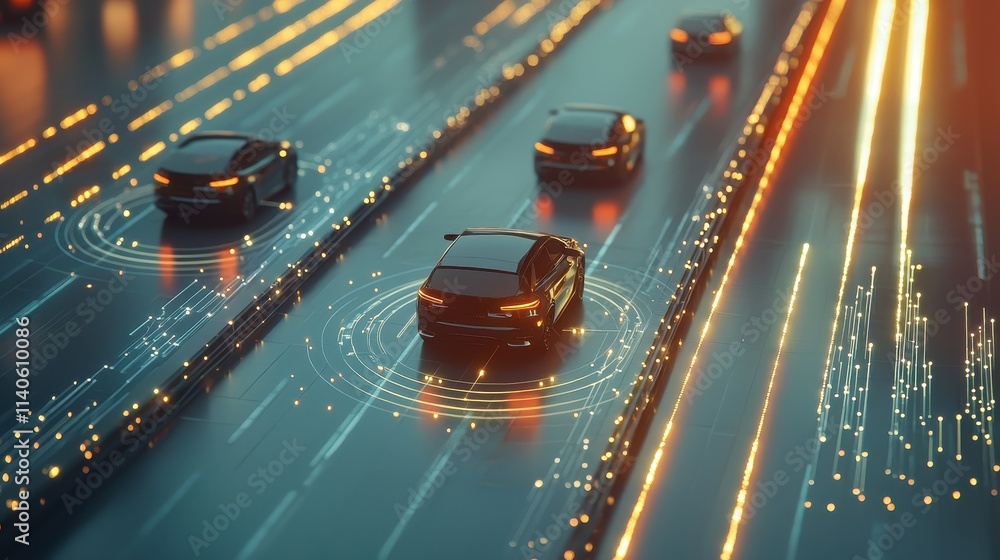 Poster close-up of autonomous vehicles utilizing iot connectivity on busy futuristic roads with dynamic mot