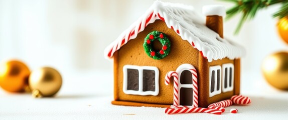 A small gingerbread house with a candy cane fence, icing details, and a holly wreath on the door. The house is on a white surface with a blurry, out-of-focus background of warm, yellow lights, likely 