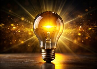 Panoramic Dark Room Yellow Light Bulb Glowing, Realistic Illumination, Night Photography, Electric Bulb,  Bright Light Source,  Single Light,  Warm Light
