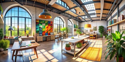 Naklejka premium Panoramic Design Inspiration: Architectural Sketches, Modern Interior, Creative Workspace, Geometric Patterns, Abstract Shapes, Product Design Photography