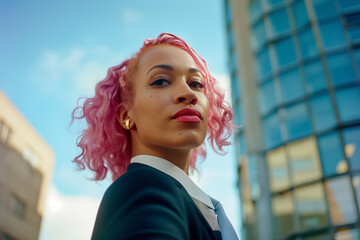Happy gay businesswoman with pink hair looking confident in a city finance district. Mixed race lesbian executive assistant smiling at work