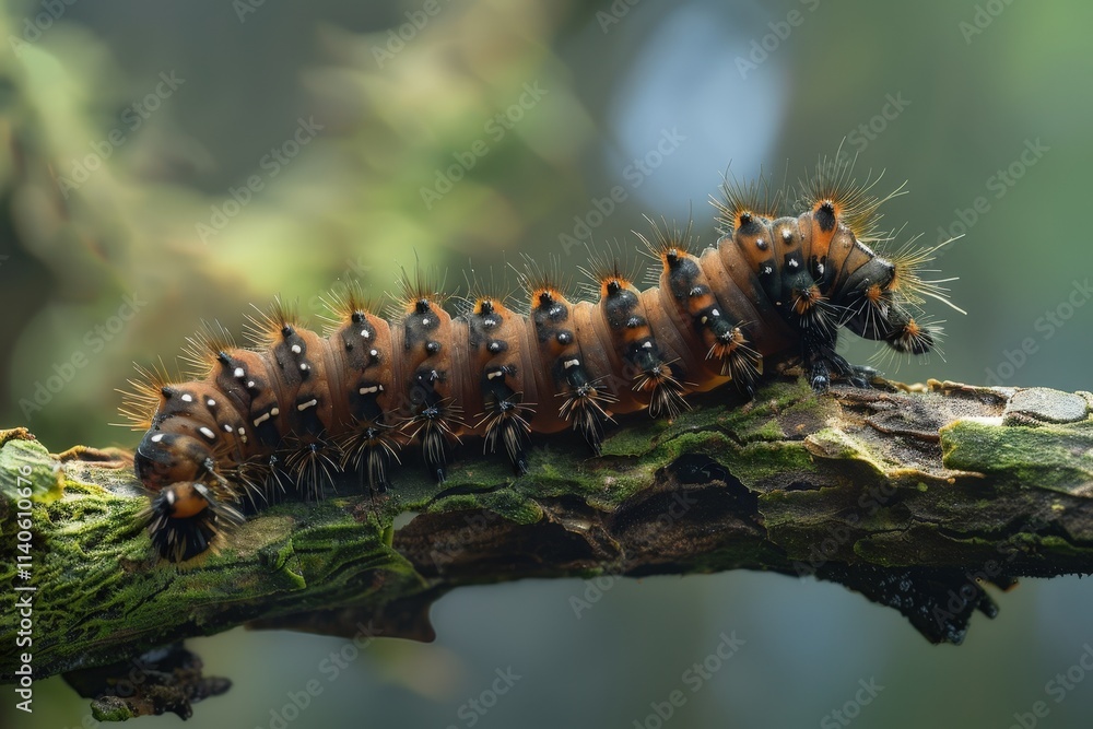 Poster unique caterpillar crawling on a branch in a lush green forest during the daytime showcasing detaile