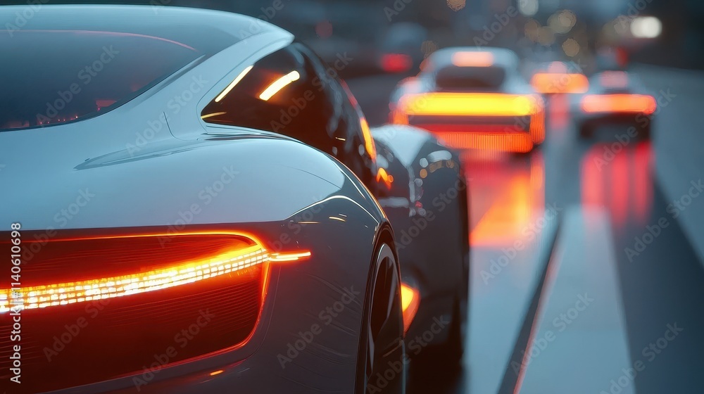 Poster close-up view of sleek vehicles with advanced communication systems illuminated at dusk on a modern 