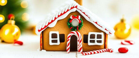 A small gingerbread house with a candy cane fence, icing details, and a holly wreath on the door. The house is on a white surface with a blurry, out-of-focus background of warm, yellow lights, likely 