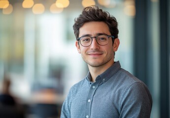 Young man with glasses smiling confidently in modern office environment with blurred background and warm bokeh lighting highlighting professional atmosphere