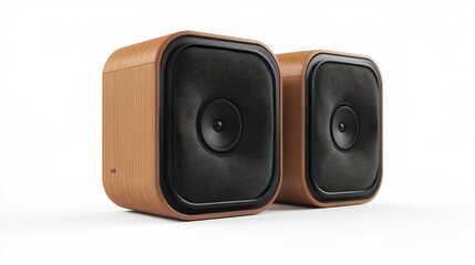 Obraz premium Modern wooden square speakers with black mesh front on a white background