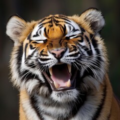 Obraz premium A close-up of a smiling tiger showcasing its fierce yet playful nature in its natural environment.