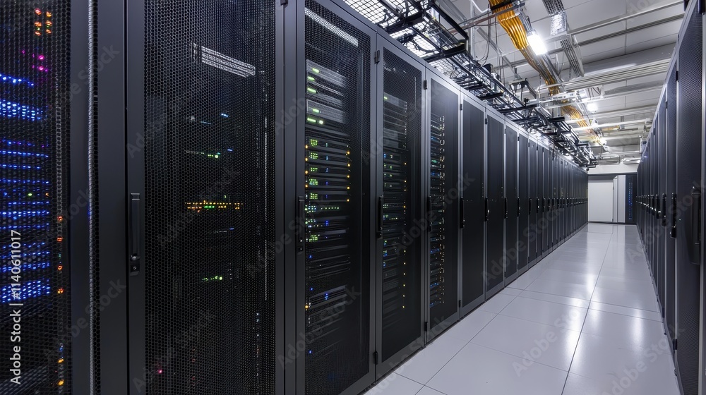 Poster modern data center with servers and networking equipment in cloud computing infrastructure