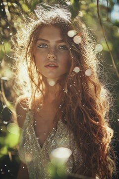 A radiant young woman with flowing hair, captured under natural backlight, evoking ethereal beauty.