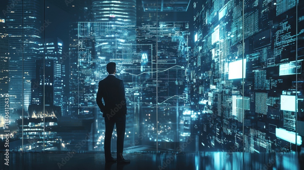 Poster expert analyzing digital transformation trends in futuristic urban skyline with data visualization