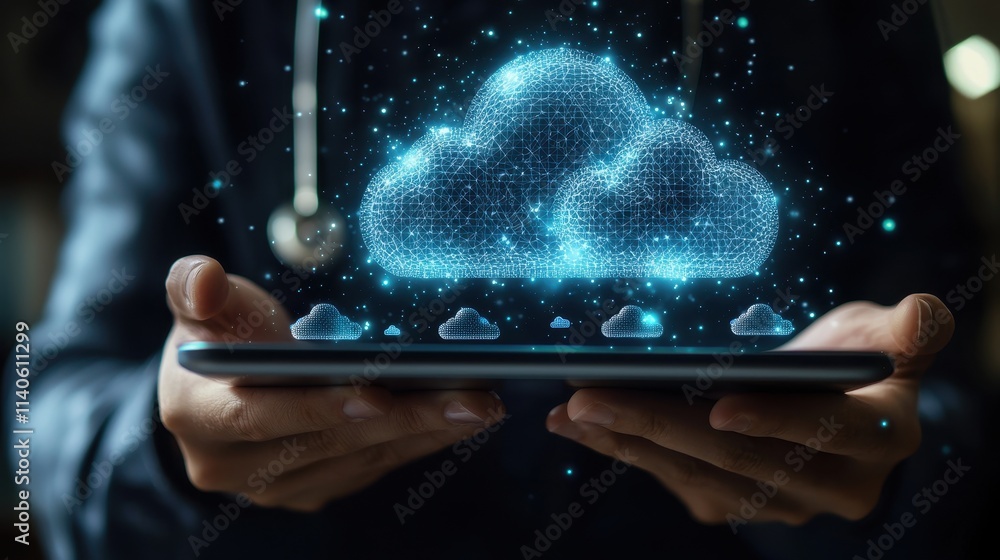 Poster doctor accessing cloud-based healthcare data on tablet with digital cloud symbols representing data 