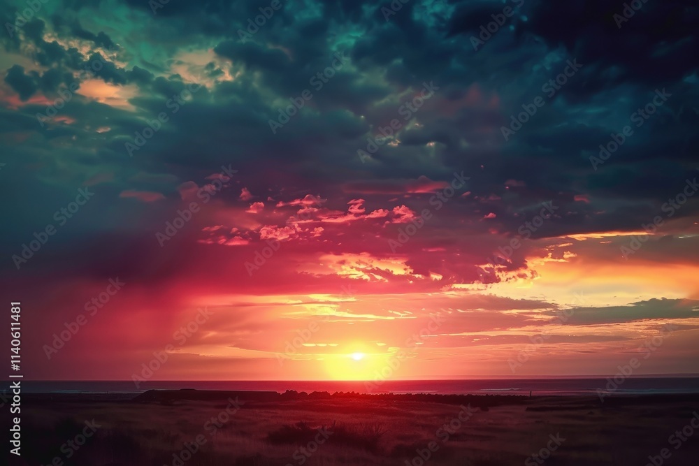 Poster vivid sunset over the ocean with dramatic clouds reflecting a spectrum of colors at twilight