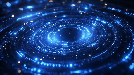 a blue, glowing spiral of lights against a dark background.