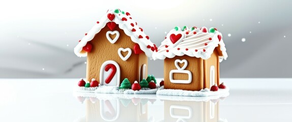 Photo of a gingerbread house with a heart-shaped window, surrounded by two Christmas trees, one decorated with red and green ornaments and the other with red and white polka dots, snow on the ground, 