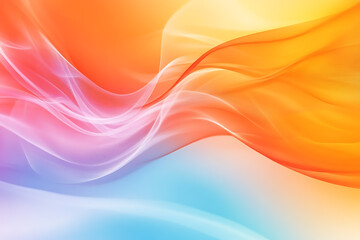 abstract background with waves featuring smooth, flowing ribbons in vibrant shades of orange, pink, blue, and white, seamlessly blending into each other against a soft, glowing background.