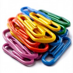 Colorful paper clips arranged in a row on a plain background for organizational use
