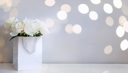 A white paper bag template. Pink and white peonies in the bag, plain white background, daylight. Mockup for florist business, postcard, giftcard, sale.