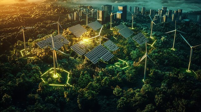 Futuristic Renewable Energy Grid Powered by Blockchain Technology in a Vibrant Eco-Friendly Cityscape