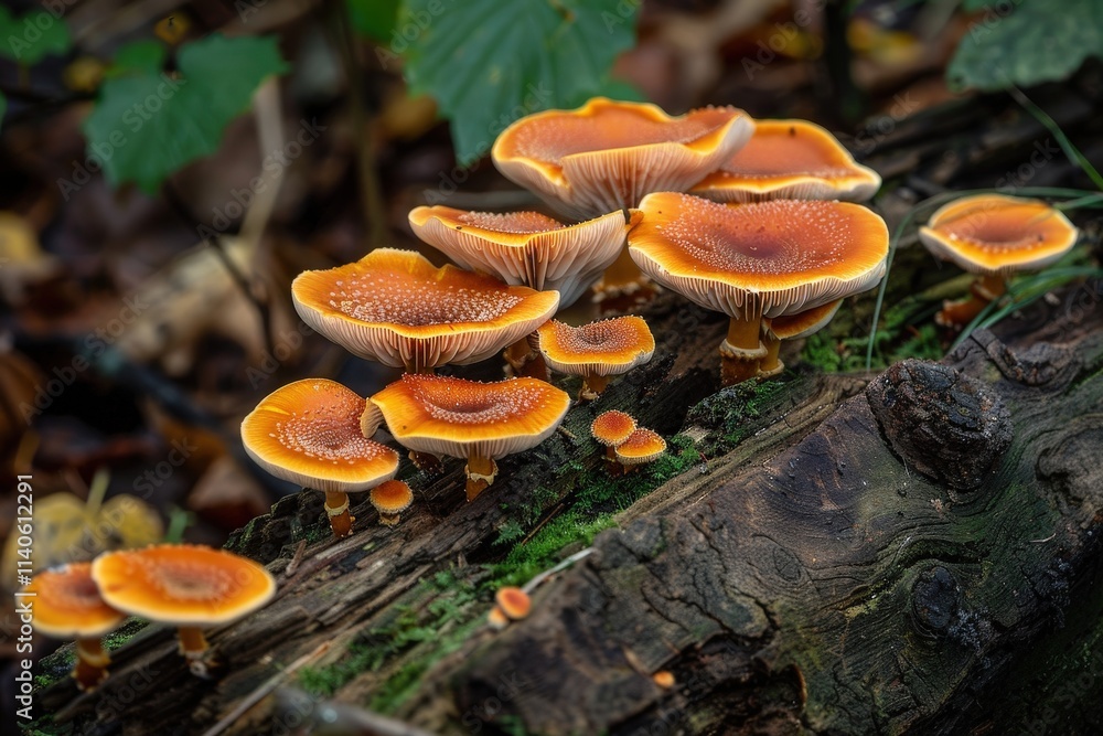 Poster Vibrant cluster of mushrooms growing on a moss-covered log in a serene forest setting during daylight hours