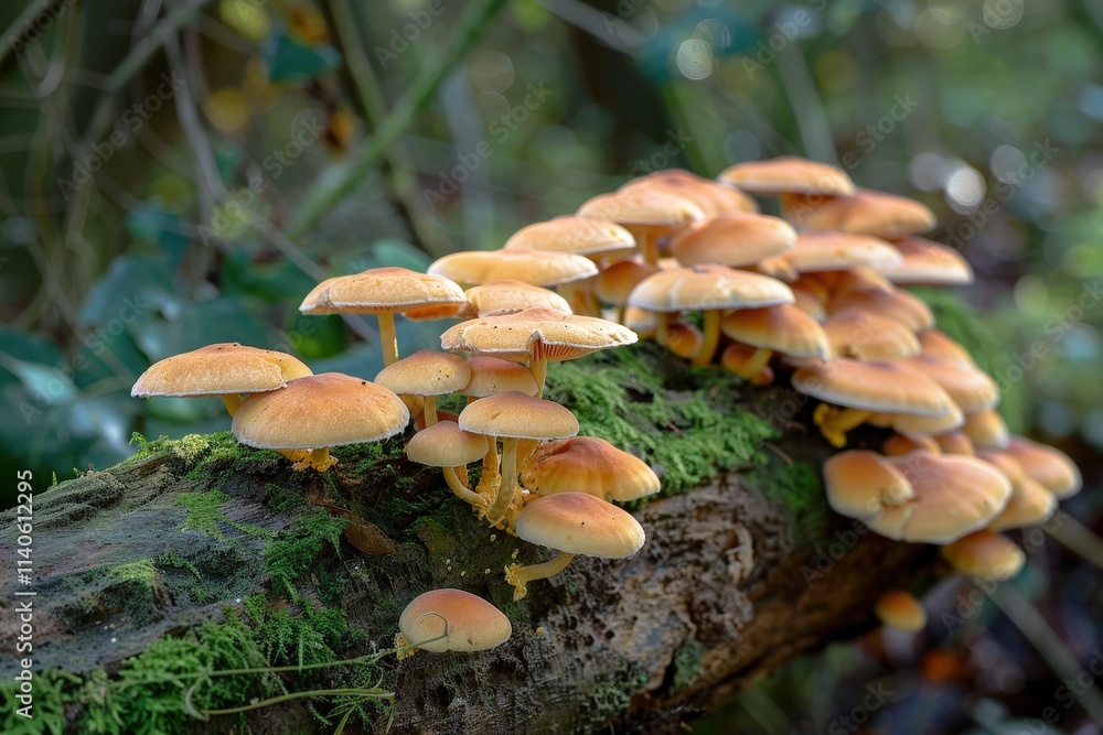 Aufkleber vibrant cluster of mushrooms growing on a moss-covered log in a serene forest setting during dayligh