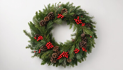 Christmas Wreath with Red Bow and Holly Berries on White Background