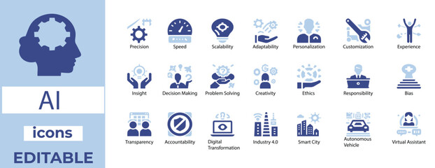 AI Icon Set Precision, Scalability, Decision Making, Industry 4.0, Smart City, Virtual Assistant Editable & Modern