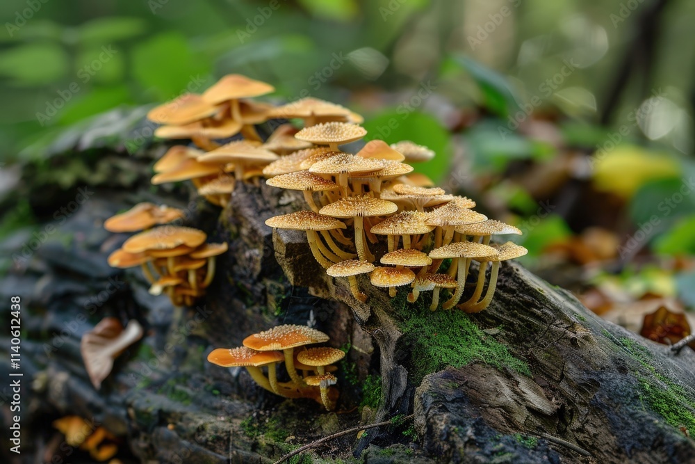 Aufkleber vibrant cluster of mushrooms growing on a moss-covered log in a serene forest setting during dayligh