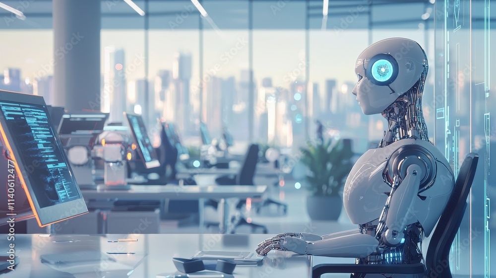 Poster futuristic workplace integration of ai powered systems in modern office setting with advanced roboti