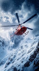 Naklejka premium Red helicopter flying over snowy mountain during snowstorm