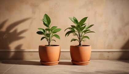 Obraz premium Small potted avocado plant growing in a small terracotta pot on the floor, earthy tones, home decor ideas, greenery