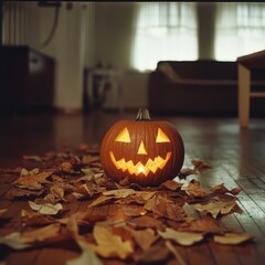 A jack-o'-lantern sits on a wooden floor surrounded by fallen leaves