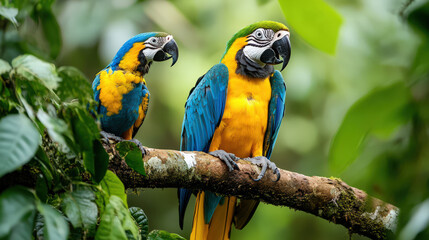 Obraz premium Two vibrant blue and gold macaws perched on branch, exhibiting curiosity and alertness in Amazon rainforest canopy