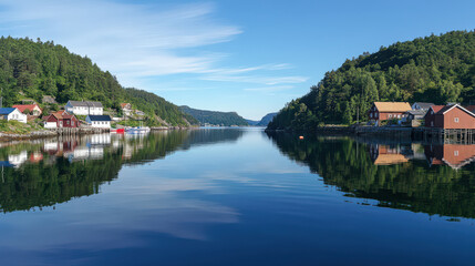 Obraz premium Serene Norwegian fjord reflection peaceful water idyllic village scene