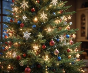 Fototapeta premium Snowflakes gently falling onto a beautifully decorated Christmas tree, evergreen tree, festive atmosphere, snowflakes