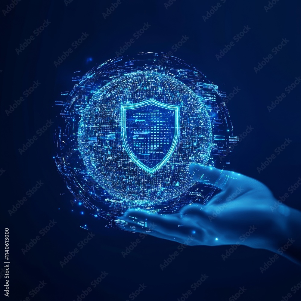 Poster creating a bright digital sphere of cybersecurity in a dark futuristic setting during a high-tech pr
