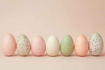 seven easter eggs in a row on a pink background