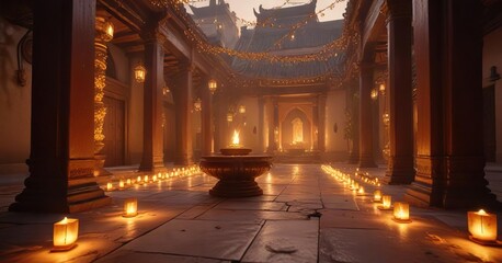 Obraz premium Temple courtyard bathed in warm golden light from hundreds of oil lamps, ancient architecture, dusk light, warm glow