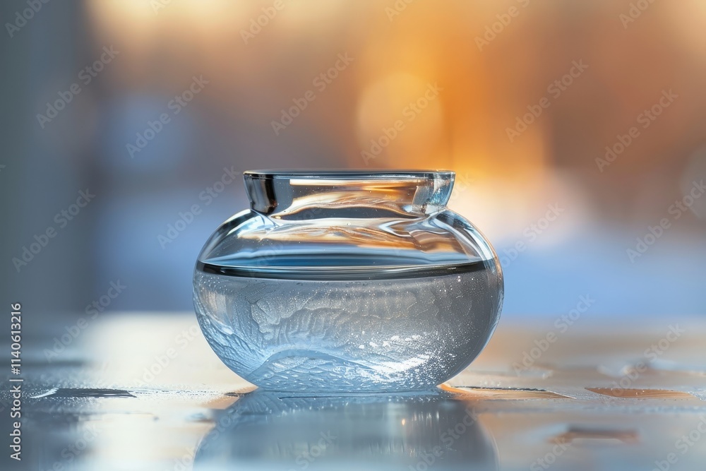 Poster transparent glass bowl resting on a surface with warm sunlight reflected in the background during a 