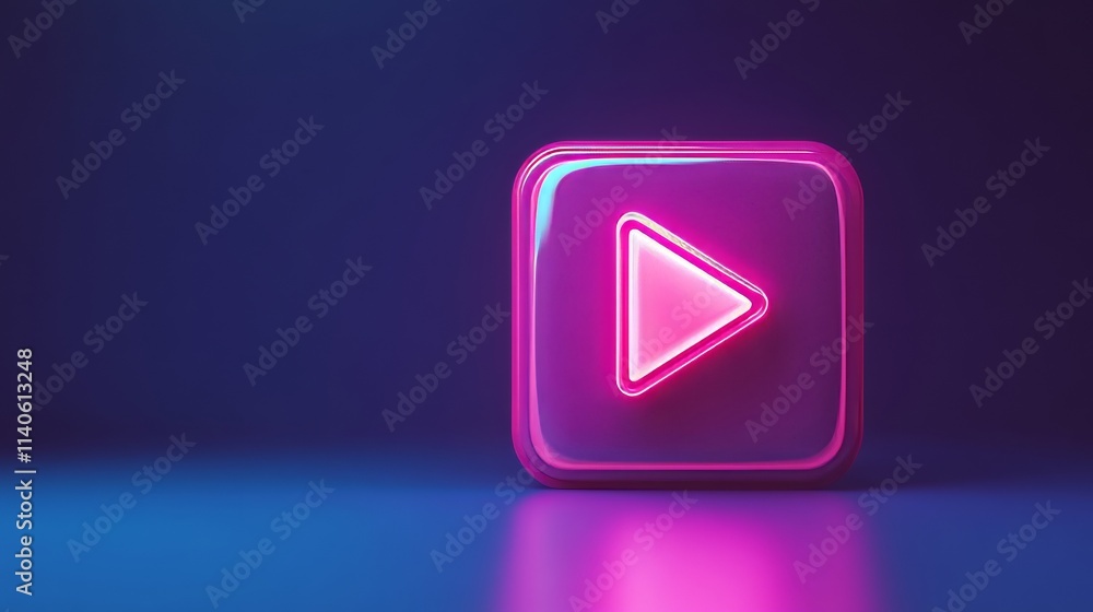 Poster play button glowing on dark background with reflection