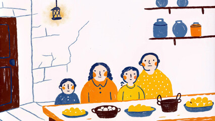 A cozy family scene shows four people seated at a table filled with bowls of food. The room is warmly lit by a hanging lantern, and shelves with pots adorn the background wall.AI generated.