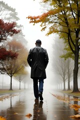 a man walks through a whirlwind of autumn withered leaves in the rain