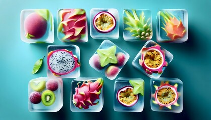 Exotic frozen fruit in ice cubes, close-up on the surface of a chilled glass. Pineapple, passion fruit, papaya, dragon fruit, pitahaya. Top view