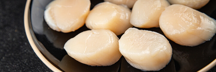 Raw sea scallop seafood fresh tasty food dish delicious gourmet food background on the table rustic food top view copy space keto and paleo diet vegetarian  food pescetarian diet
