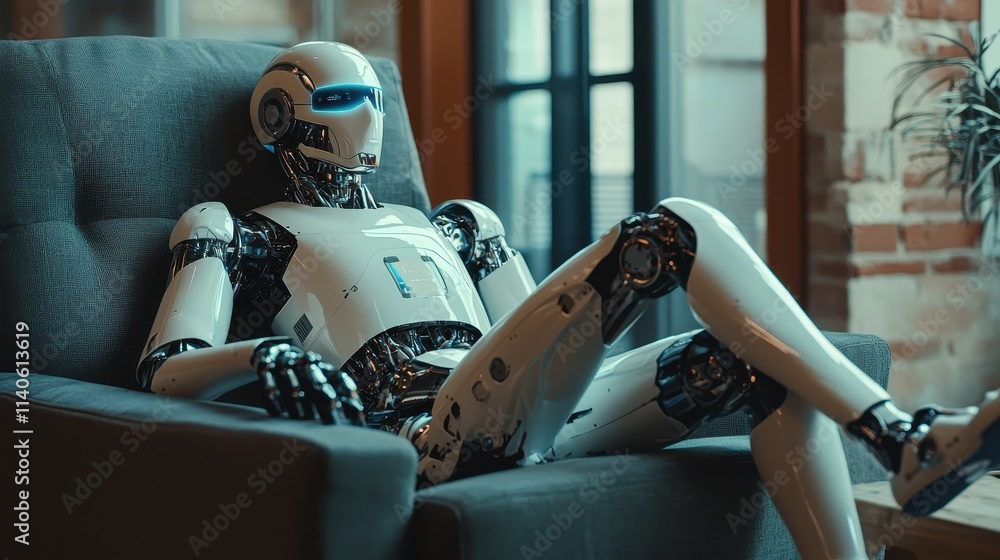 Poster modern ai robot relaxing in a stylish workplace with digital technology integration and futuristic d